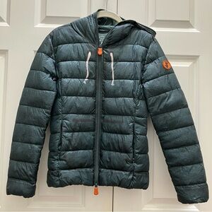 Save The Duck Ultralight Puffer Jacket Trompe L'oeil Sweatshirt Print Green 0 XS